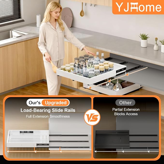 Pull out Cabinet Organizer Expandable W(12"-20") and D(16"-22"), No Drill Adjustable Slide Out Drawers With 3 Slide Rails, 2Pcs Magnetic Panel, Adhesive Roll out Shelves for Kitchen, Cabinets, Pantry