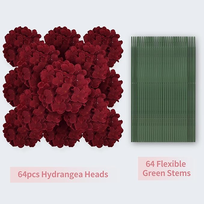 64 PCS Silk Hydrangea Flowers with Detachable Stems, Full Artificial Hydrangea Heads for Wedding Centerpieces, Bridal Shower Bouquets, DIY Floral Arrangements & Home Decor