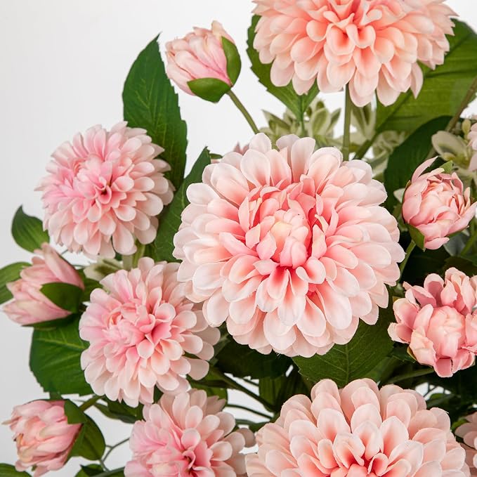 Hollyone Pink Fake Flowers in Vase Dahlia Artificial Flowers in Glass Vase with Faux Water Dahlia Silk Flower Arrangements for Bathroom Office Table Centerpiece Shelf Decorations Home Decor