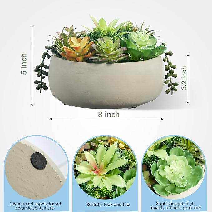 8inch Artificial Succulent Plants in Pots,Large Fake Succulents with Creamy White Ceramic Pot for Home Office Desk Bathroom Coffee Table Decor