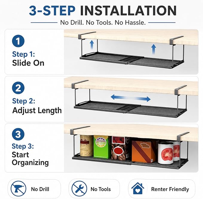 Under Shelf Basket Storage, Expandable Black Metal Cabinet Organizer | Expands 15.2–27.8in Metal Mesh Basket No Drill Installation Under Cabinet Organizer for Kitchen Pantry, Cabinet, Laundry Room