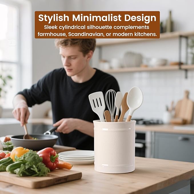 Kitchen Utensil Holder, Larger Ceramic Utensil Crock for Kitchen Counter top & Dining Table (Cream, 5.9" x 5.9" x 6.7")