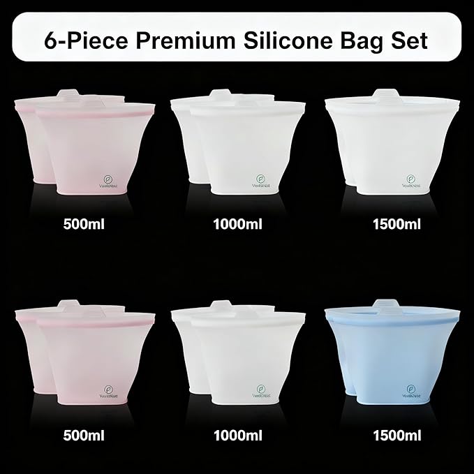 Reusable Silicone Food Storage Bags – 6 Pack Stand-Up Leakproof BPA-Free Silicone Bags for Meal Prep, Sandwich, Snacks & Freezer Storage (500ml, 1000ml, 1500ml)