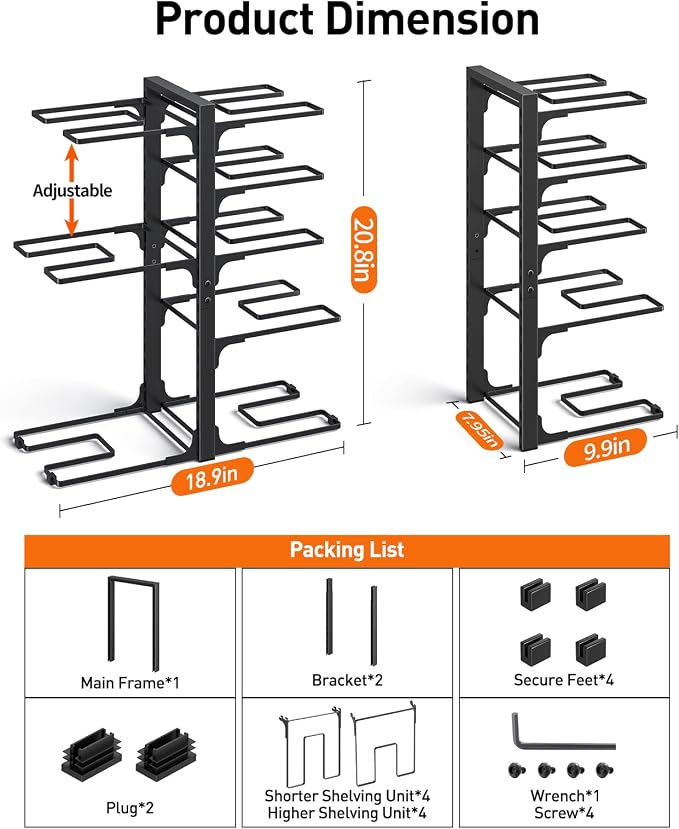 ORDORA Pots and Pans Organizer: under Cabinet, 20.8" Height Heavy Duty 120LBS Pots Pans Organizer Rack for under Cabinet 8-Tier Adjustable for Big Stockpots, Dutch Oven, Cast-iron Pans, Heavy Cookware