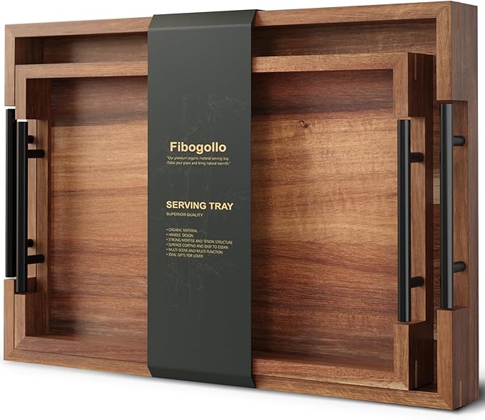 Fibogollo Acacia Wood Set of 2 Serving Tray with Metal Handles,Ottoman Decorative Trays Platter for Coffee Table,Living Room,Bar,Party