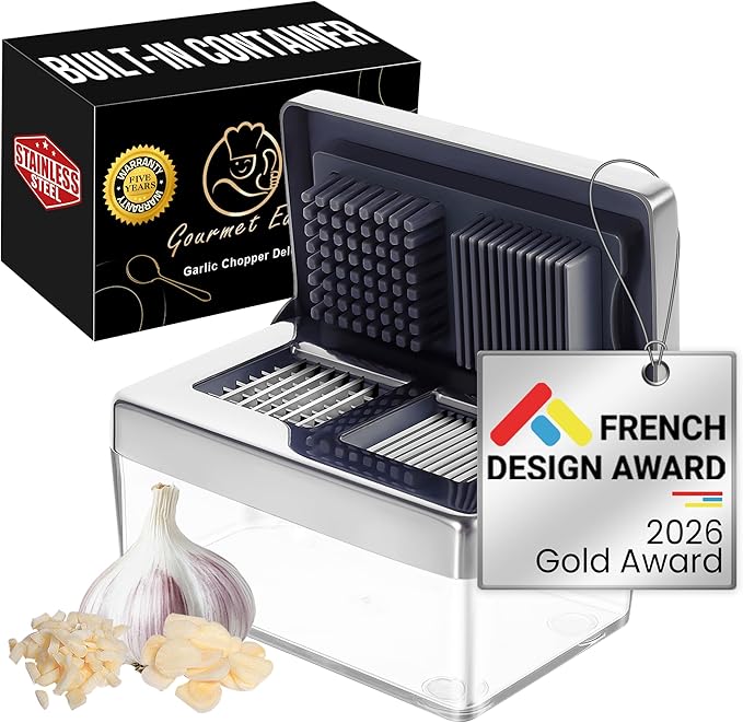 Garlic Chopper, 2-in-1 Slice + Dice, Garlic Press Stainless Steel, Fridge Friendly, Ginger Dicer Air Tight Container, Dishwasher Safe Mini Chopper, Premium Mincer with 5-Year warranty