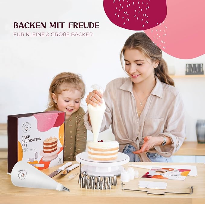 Cake Decorating Kit with Premium Piping Nozzles & Piping Bag, Rotating Cake Plate, Cake Cutter and Versatile Baking Accessories