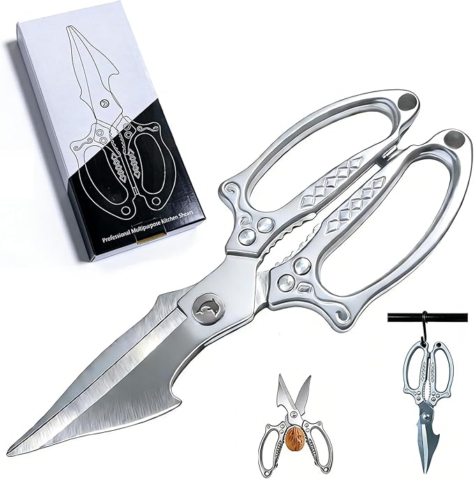 Silver Kitchen Shears Heavy Duty Stainless Steel, Multipurpose Cooking Scissors for Meat, Chicken, Poultry & Vegetables, Sharp Food Scissors for Kitchen Use