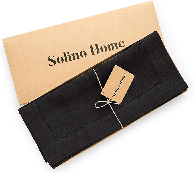 Solino Home 100% Pure Linen Black Table Runner 36 Inches - 14 x 36 Inch for Coffee Tables, Sideboard, Foyer, Living Room - Sonoma Hemstitch