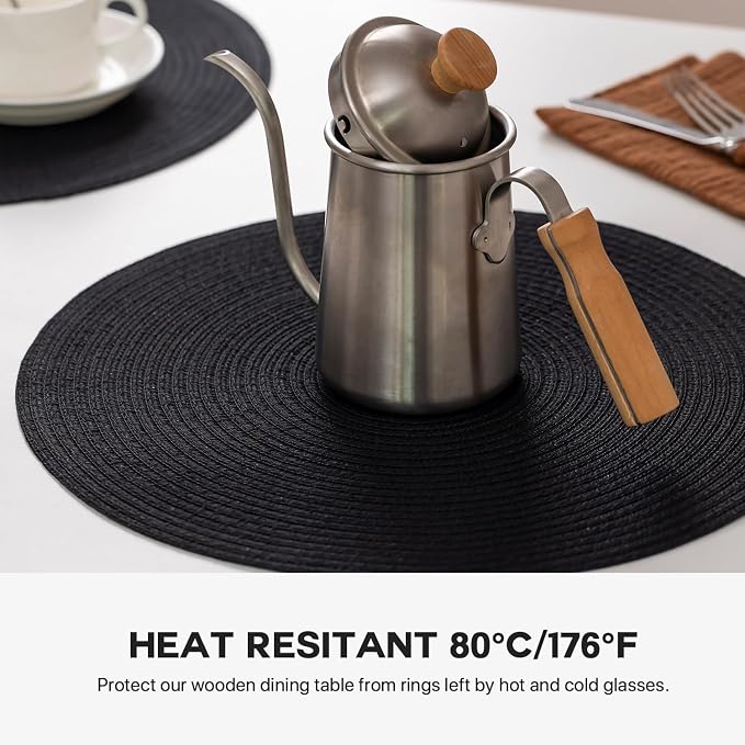 Round Placemats Set of 12 Woven Placemats Washable Braided Table Mats for Dining Table Heat Resistant Non-Slip Circle Place Mats(Black)