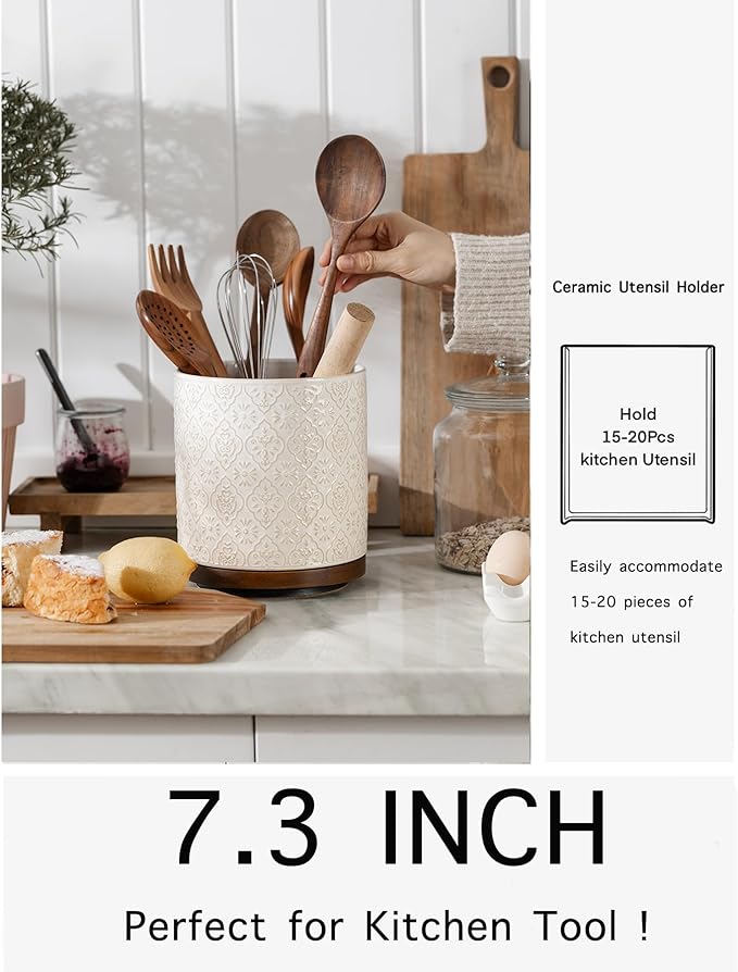 Kitchen Utensil Holder, 360° Rotating Extra Large Ceramic Utensil Holder with Embossed Pattern, 7.3” Cooking Utensil Crocks for Kitchen Countertop, Home Decor, Off-White