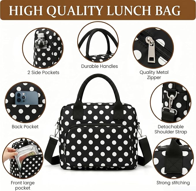 Insulated Lunch Bag for Women, Cute Polka Dot Large Capacity Leakproof Portable Thermal Lunch Box with Adjustable Shoulder Strap, Reusable Cooler Lunchbox Tote for Work Office Travel Picnic, Black,Big