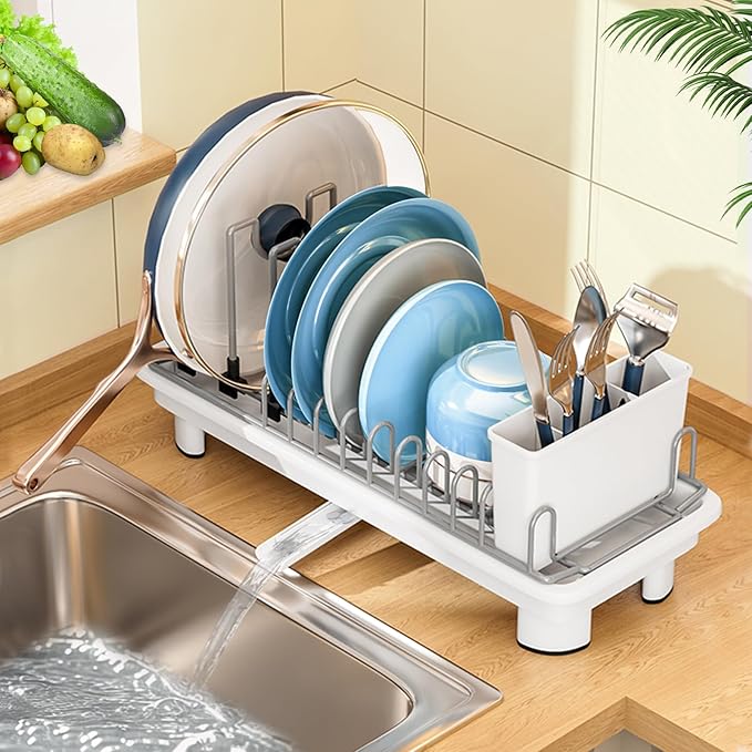 Small Dish Drying Rack for Kitchen Counter,Compact Dish Drainer with Plastic Water Tray, Space Saving Dish Rack with Removable Cutlery Holders for Small Kitchens, 6.5" W x 16.5" L (White)