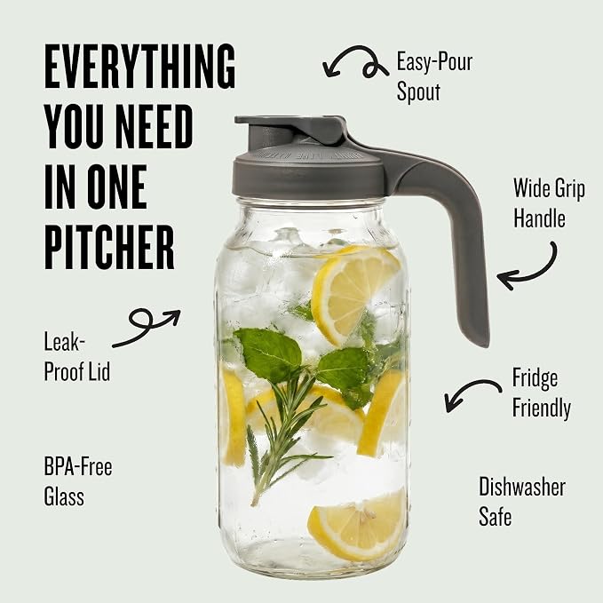 County Line Kitchen Glass Mason Jar Pitcher with Lid - Wide Mouth, 2 Quart (64 oz) - Heavy Duty, Leak Proof - Sun & Iced Tea Pitcher, Cold Brew Coffee, Breast Milk Storage, Water - Gray