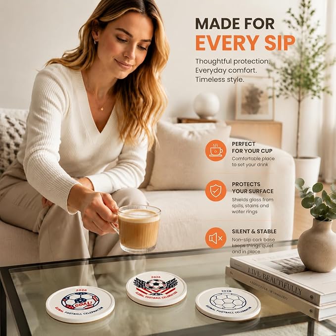Y2026 Drink Coasters Set of 2 for The World Cup, Anti-Slip Thick Cork Absorbent Coasters with Raised Edge, Stone Drying Mat for Cups, Sink Tray, Soap Dish & Small Plants (2PACK 4X4X0.39 in_footable)