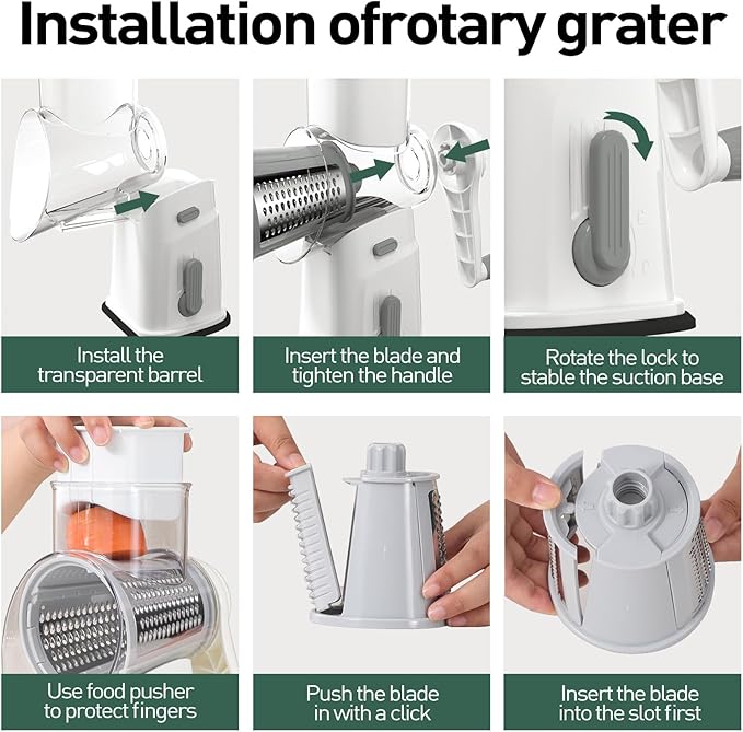 APSARAS USA Cheese Grater Hand Crank, Rotary Cheese Grater, 5 in 1 Rotary Grater, Cheese Shredder Replaceable Stainless Blades with Strong Suction Base, Easy to Clean Kitchen Gadgets with Storage Box
