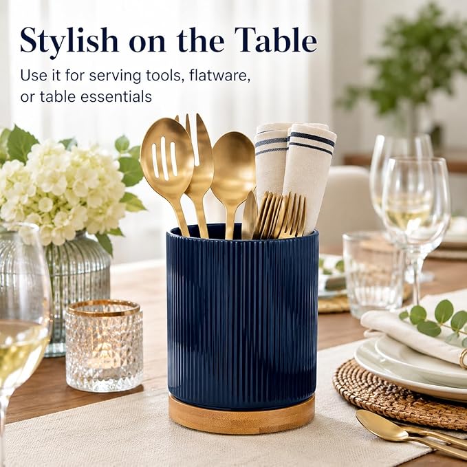 QUELIEN Utensil Holder, 360° Rotating Ceramic Kitchen Utensil Holder for Countertop, 7.7" Utensil Crock for Kitchen Counter with Rotatable Wooden Base,Ideal Housewarming Gift & Mothers Day Gift