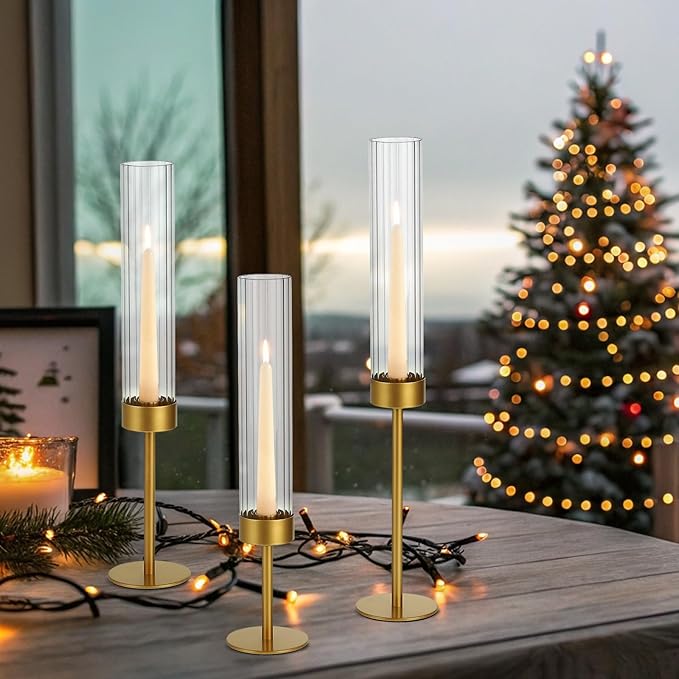 Glass Hurricane Candle Holders Set of 18-Gold Metal Base Taper Candle Stick Holders for CandlesticksHolder Decor, Elegant Dining Table Centerpiece for Wedding, Christmas & Home Decor-Ribbed Glass