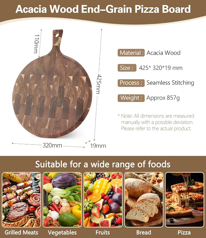 XINZUO Acacia Wood End-Grain Round Cutting Board with Handle for Kitchen Bread Pizza Cheese Fruit Charcuterie Serving Cutting Board, Two-sided Use, 16.7 x 12.5 x 0.75 inches