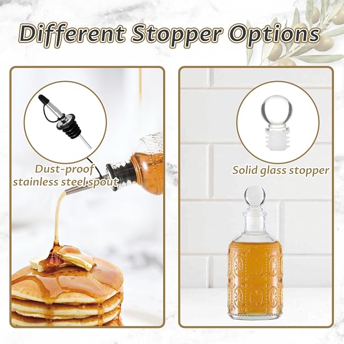 Retro Glass Syrup Dispenser Bottle 7oz, Oil and Vinegar Cruet with Stainless Steel Pour Spout, Labels, Funnel & Stopper(Antique Daisy)