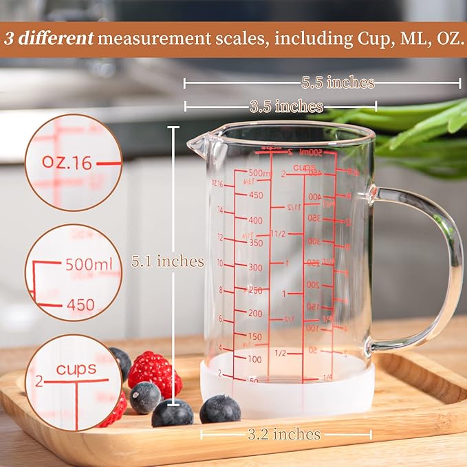 Newness Glass Measuring Cup with Handle, 500 ML (0.5 Liter, 2 Cup) Double-Sided Scale Measuring Cup with Three Scales (OZ, Cup, ML/CC) and V-Shaped Spout, Measuring Beaker for Kitchen or Restaurant