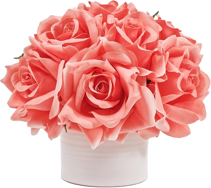 Artificial Rose Bouquet in Ceramic Vase, Silk Flower Arrangement in Pot, Real Touch Fake Flowers with White Vase for Wedding Home Centerpiece Coffee Table Bathroom Anniversary Decor & Gift (Coral)