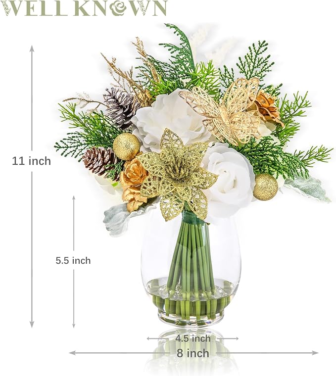 Fake Flowers in Vase with Fake Water, Golden Poinsettia & Butterfly, Artificial Rose Flowers Arrangement for Dining Table Centerpiece Wedding Party Winter Spring Home Decor Gift (Gold White & Green)