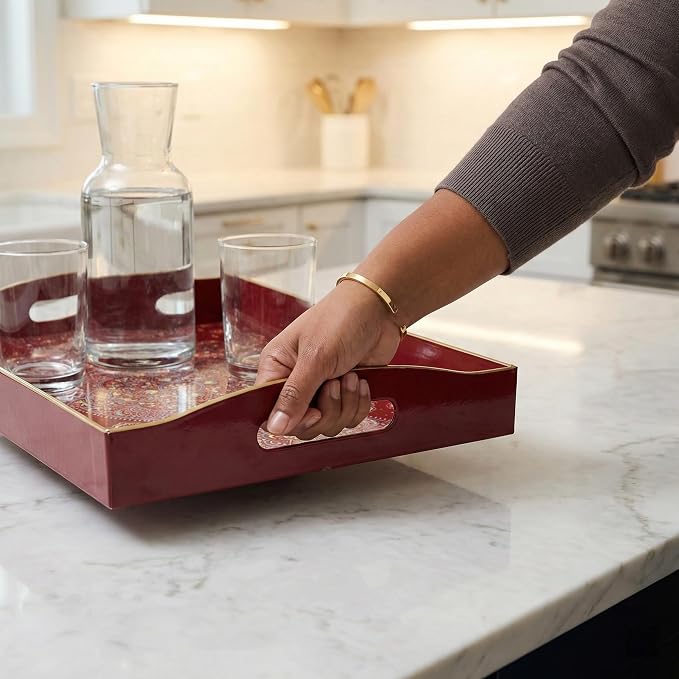 Boho Red Decorative Tray, Serving Tray with Handles, Plastic Tray for Coffee Table, Ottoman - Ideal for Living Room & Bathroom. 15” x 11” x 2.5”