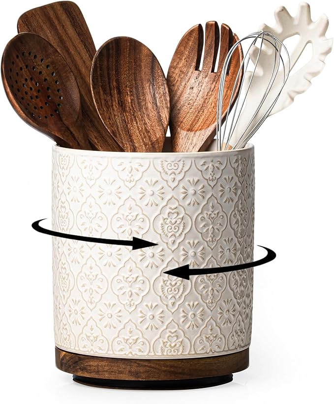 Kitchen Utensil Holder, 360° Rotating Extra Large Ceramic Utensil Holder with Embossed Pattern, 7.3” Cooking Utensil Crocks for Kitchen Countertop, Home Decor, Off-White