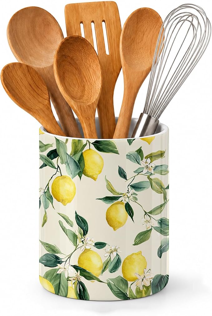 Kitchen Utensil Holder,Lemon Vintage Large Ceramic Utensil Crock Organizer for Spatulas,Spoons and Cooking Tools,Kitchen,Home Decoration 6.3"