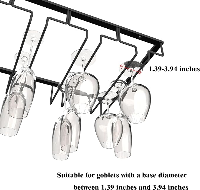 7-Row Stemware Rack - Under Cabinet Wine Glass Holder - Black Metal Hanging Shelf for Kitchen and Bar - Holds Up to 22 Glasses