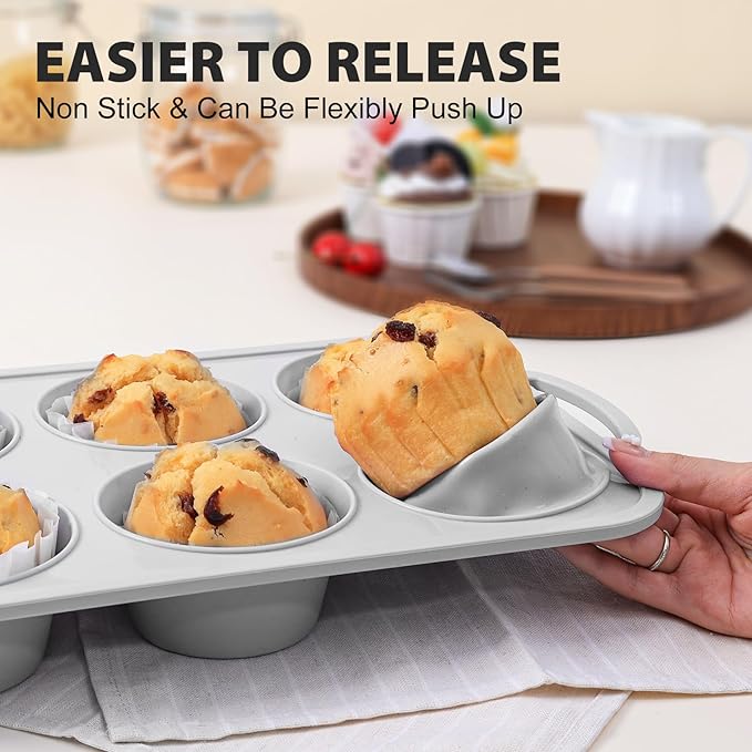 Jumbo Silicone Muffin Pan with Metal Frame, Non Stick Silicone Cupcake Pan with Handles 6 Cup, BPA Free Silicon Muffin Tin Tray Extra Large for baking, egg bites, Cupcake Mold Light Grey