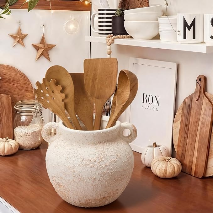 Qinyoung Rustic Kitchen Utensil Holder 6 Inch Small Ceramic Utensil Holder with Handle Vintage Crock Decoration Spatula Organizer for Kitchen Countertop Farmhouse Party Supplies (White,Elegant)