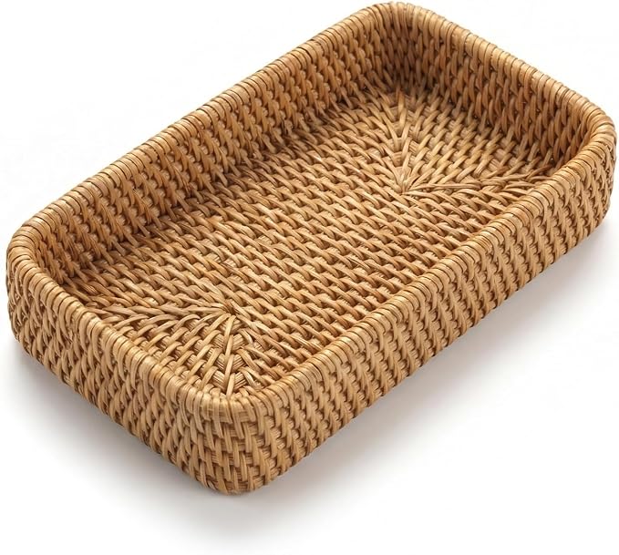 8.3" x 4.3" Small Natural Rattan Storage Tray, Decorative Handwoven Wicker Organizer Keys Tray Catchall, Shallow Rectangular Tray for Snack, Accessories Bathroom & Vanity, Entryway (XS)