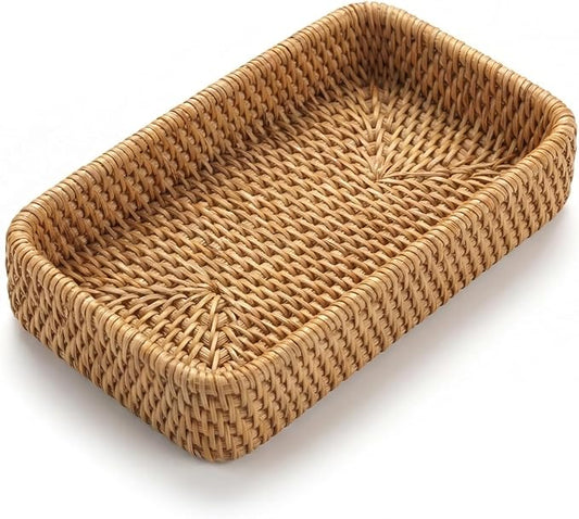 8.3" x 4.3" Small Natural Rattan Storage Tray, Decorative Handwoven Wicker Organizer Keys Tray Catchall, Shallow Rectangular Tray for Snack, Accessories Bathroom & Vanity, Entryway (XS)