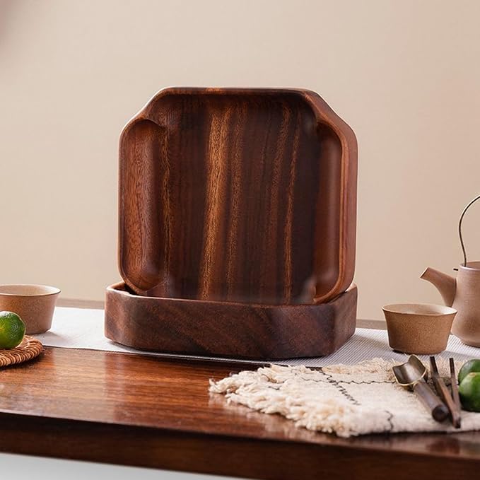 Acacia Wood Serving Tray, 7.8" Square Wooden Bowls for Snacks, Nuts, Fruits & Candy, Decorative Small Wood Catchall Tray for Keys, Jewelry, Entryway Vanity Countertop Organizer