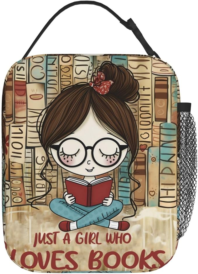 Reusable Just a Girl Who Loves Books Lunch Box for Kids Girls Women Adult, Insulated Book Reader Lover Lunch Bag,Polyester Cooler Handbags Case for School Picnic Work Travel Beach or Hiking