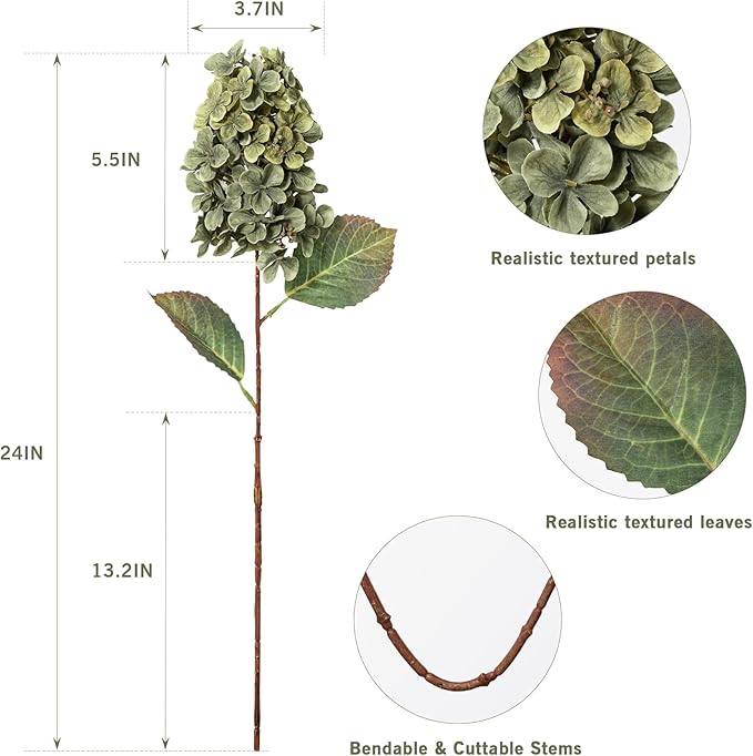 Ttranewsoo Green Hydrangea Artificial Flowers,Fake Fall Flowers Silk Hydrangea with Stems,Fall Faux DIY Floral for Table Vase,Hydrangeas Bouquet Indoor and Outdoor Decoration 24"（ Green） 8pcs No Vase