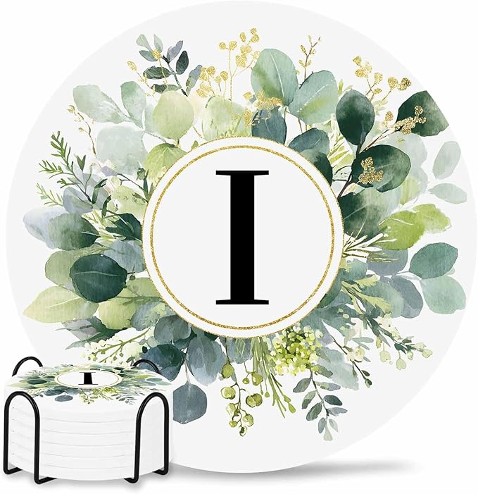 Coasters Set of 6 Letter I Drink Coasters with Holder Absorbent Stone Ceramic Cup Mat Alphabet Green Eucalyptus Leaves Coaster for Drinks Coffee Bar Office Kitchen Cafe Home Decor