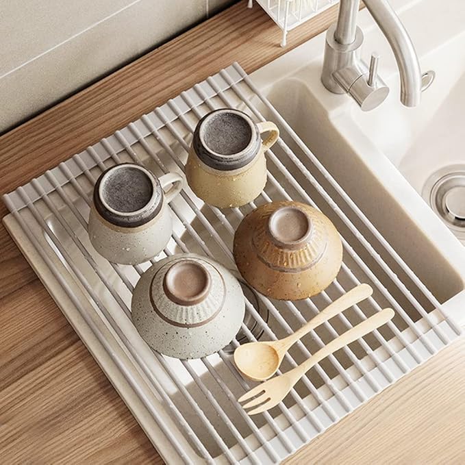 Dish Drainer, White Roll Up Dish Drying Rack, Over Sink Drying Rack with Silicone-Coated, Heat-Resistant Anti-Slip Dry Rack for Dishes Cups Fruits Vegetables - 17" x 13"