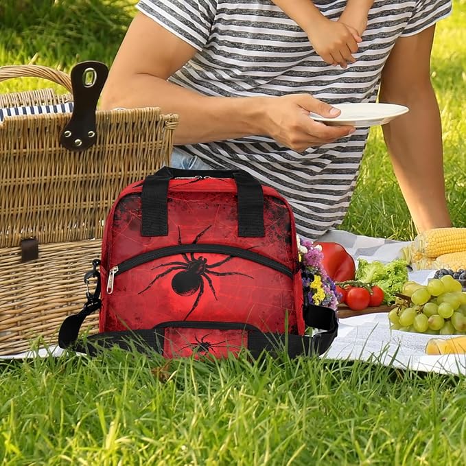 Spider Red Background Insulated Lunch Bag for Women Men Thermal Cooler Bag Adult Lunch Box with Shoulder Strap Reusable Lunch Tote Bag Large Containers for School Picnic Work Lightweight Handbag