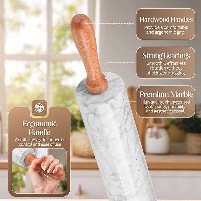 Flexzion Marble Rolling Pin Heavy Nonstick Stone Dough Roller - 10 Inch Polished Barrel with Wooden Handles & Cradle Stand for Baking Pastry Bread Pizza Cookies Pie Crust Pasta Tortillas (White)