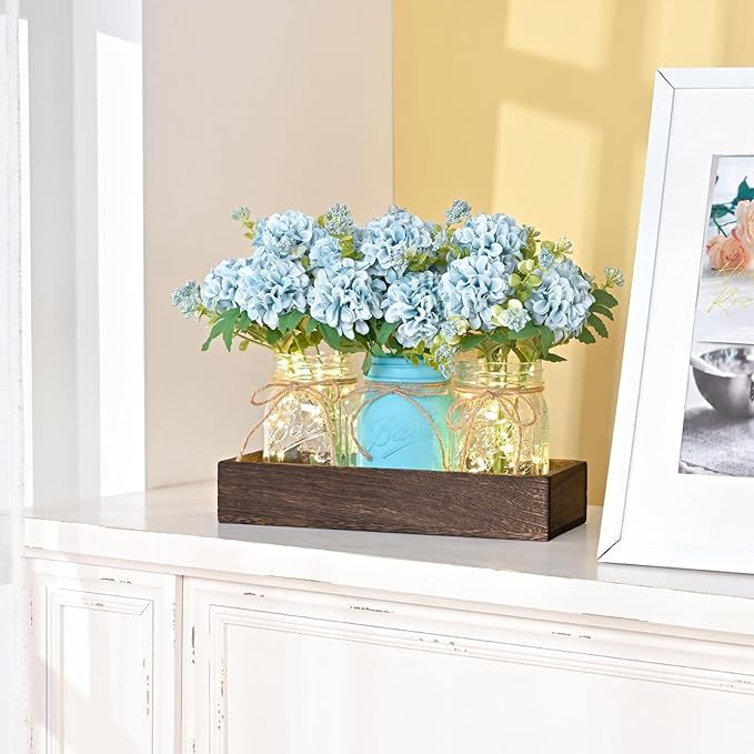 BLEUM CADE Centerpiece Table Decorations - Mason Jar Lights Centerpiece for Kitchen Dining Table Farmhouse Coffee Table Wedding Home Decor with 3 Jars Hydrangea Artificial Flowers & Wood Tray