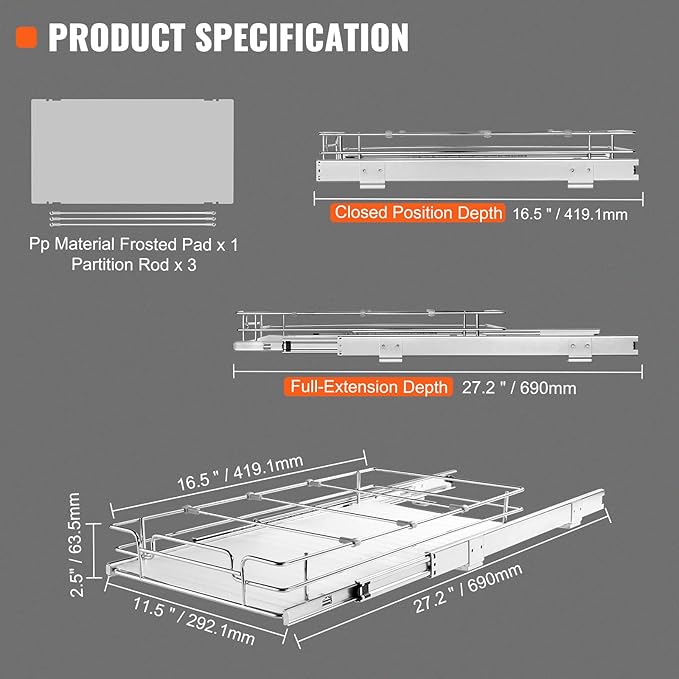 VEVOR 12.5"Wx16.5"Dx3.5"H Pull Out Cabinet Organizer, Heavy Duty Slide Out Pantry Shelves, Chrome-Plated Steel Roll Out Drawers Storage, for Home, Under Sink, 14"Wx17.5"Dx7"H Install Size for Cabinet