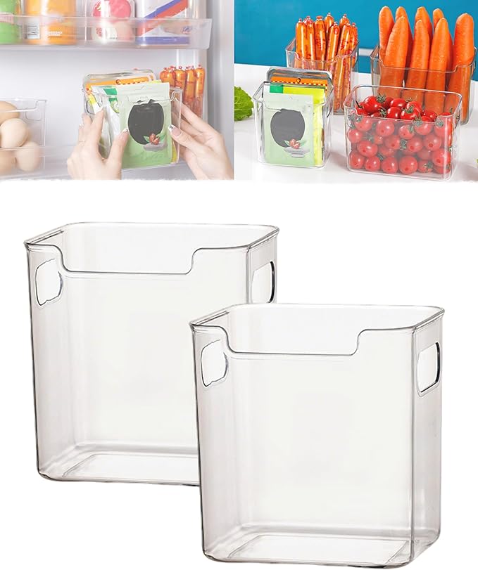 Clear Crystal Freezer Storage Bins - S/L Plastic Storage Bins for Refrigerator and Pantry, Stackable Kitchen Cabinet Organizer with Handles for Frozen Food, Meat & Veggies (2PCS S)