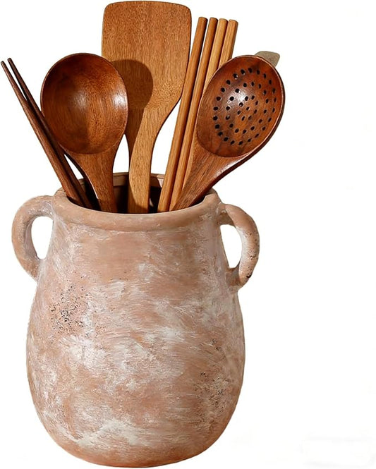 Rustic Kitchen Utensil Holder for Countertop, Ceramic Utensil Crock for Kitchen Counter,Farmhouse Spatula Organizer for Countertop, Vintage Crock Decor, Ideal Housewarming Gift (Brown)