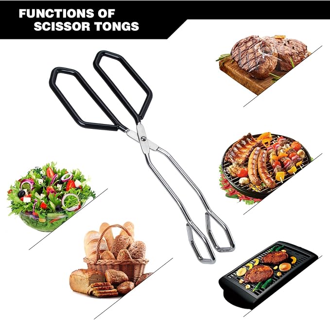 MSY BIGSUNNY Scissor Tongs Heavy Duty Cooking Tongs with Soft Handles (Stainless Steel, black 11")