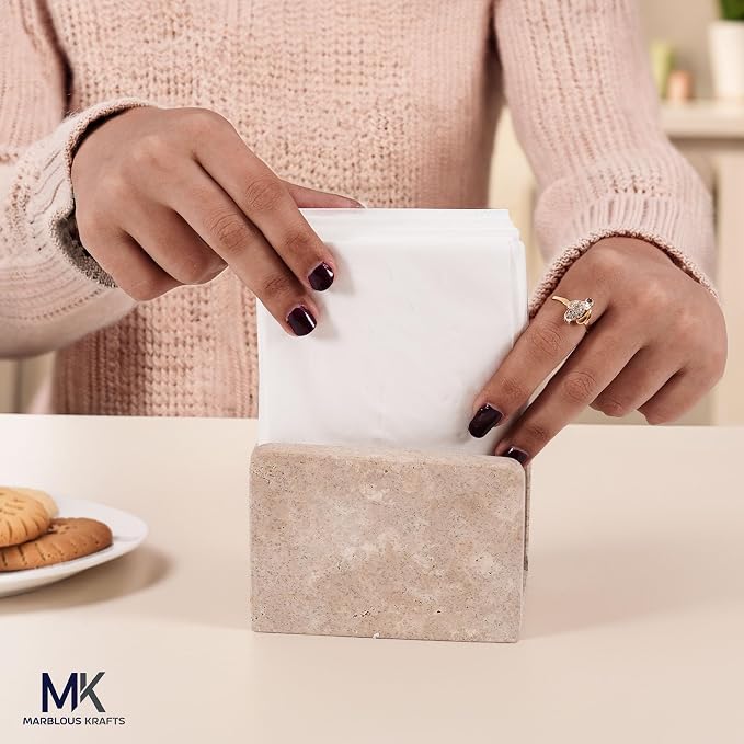 Travertine Mini Napkin Holder 3" x 4" Inch Serviette Holder for Table, Kitchen & Dining Decor, Coffee Bar Use, Ideal Napkins dispenser Bathroom Counter Organizer & Farmhouse Home