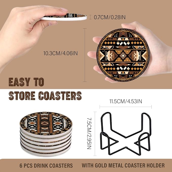 Drink Coasters Set of 6, Western Ceramic Stone Coasters, Western Home Decor, with Cork Base and Metal Holder, Absorbent Round Non-Slip Drink Coffee Bar Decor Mug Cup Coaster