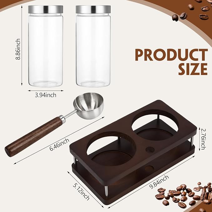 Suclain Glass Coffee Grounds Container with Shelf 2 x 44 oz Glass Coffee Bean Storage Canisters with Airtight Thread Lid and Measuring Spoon for Kitchen Sugar(Modern Style, Stainless Steel)